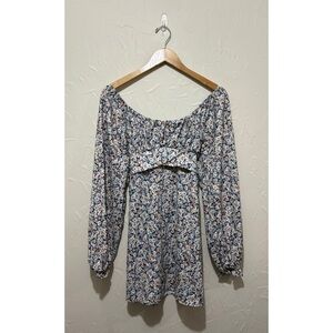 Altar’d State navy floral print balloon sleeve ruched chest mini dress (medium)